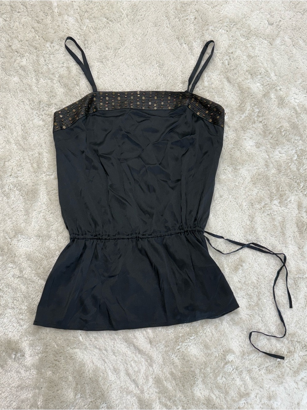 Vintage Express Design Studio Black Satin Cami Tank Top Small Peplum Lace Trim